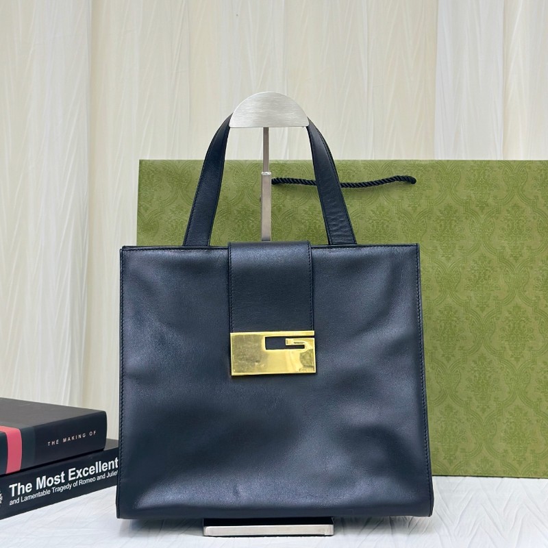 Gucci古馳 中古黑色G扣牛皮手提包托特包-1