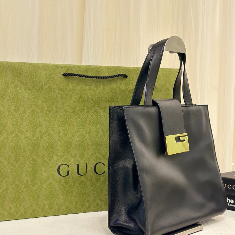 Gucci古馳 中古黑色G扣牛皮手提包托特包-4