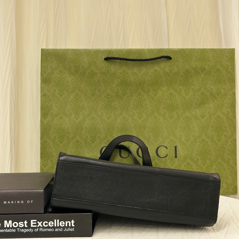 Gucci古馳 中古黑色G扣牛皮手提包托特包-5