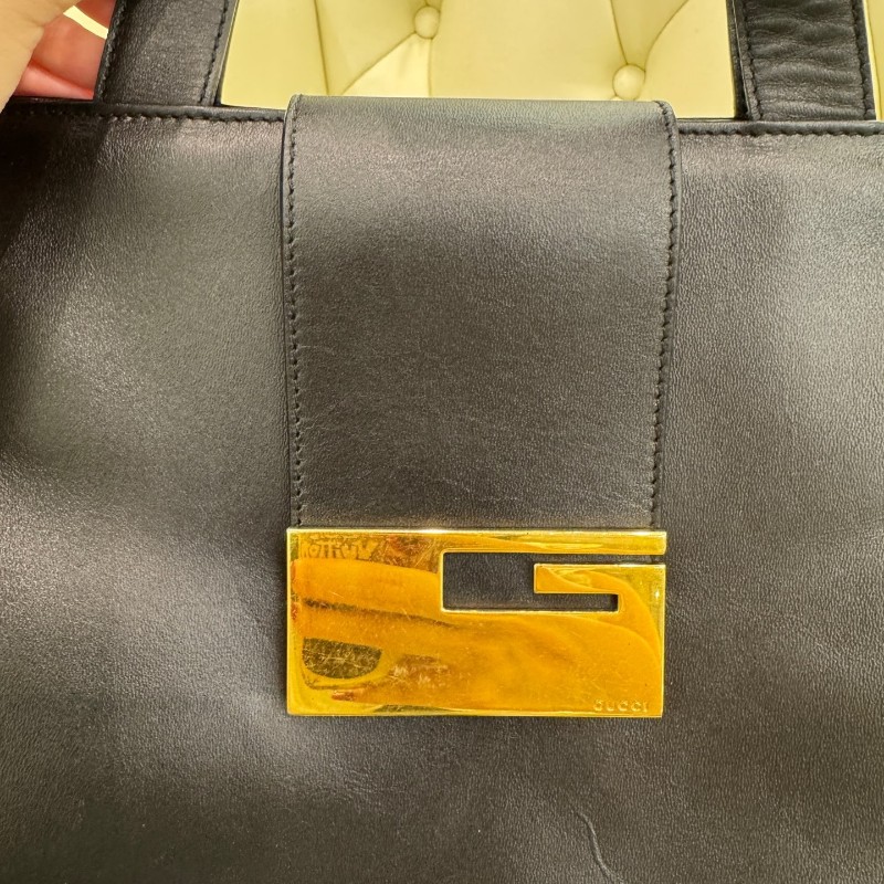 Gucci古馳 中古黑色G扣牛皮手提包托特包-10