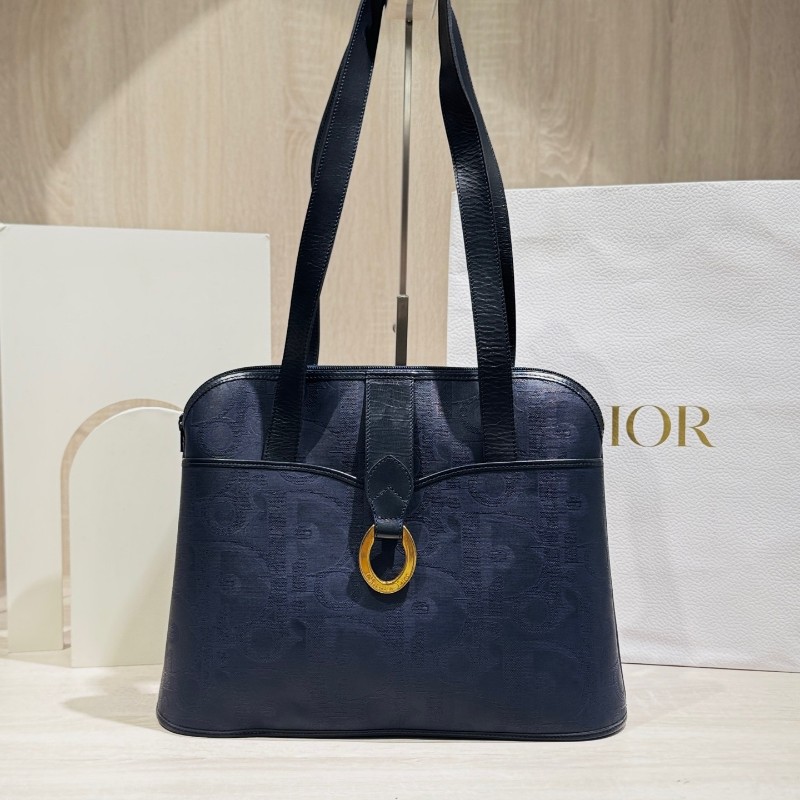Dior迪奧藍色中古浮雕馬蹄扣肩背包手提包-0