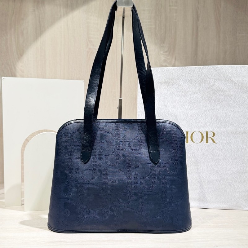 Dior迪奧藍色中古浮雕馬蹄扣肩背包手提包-1