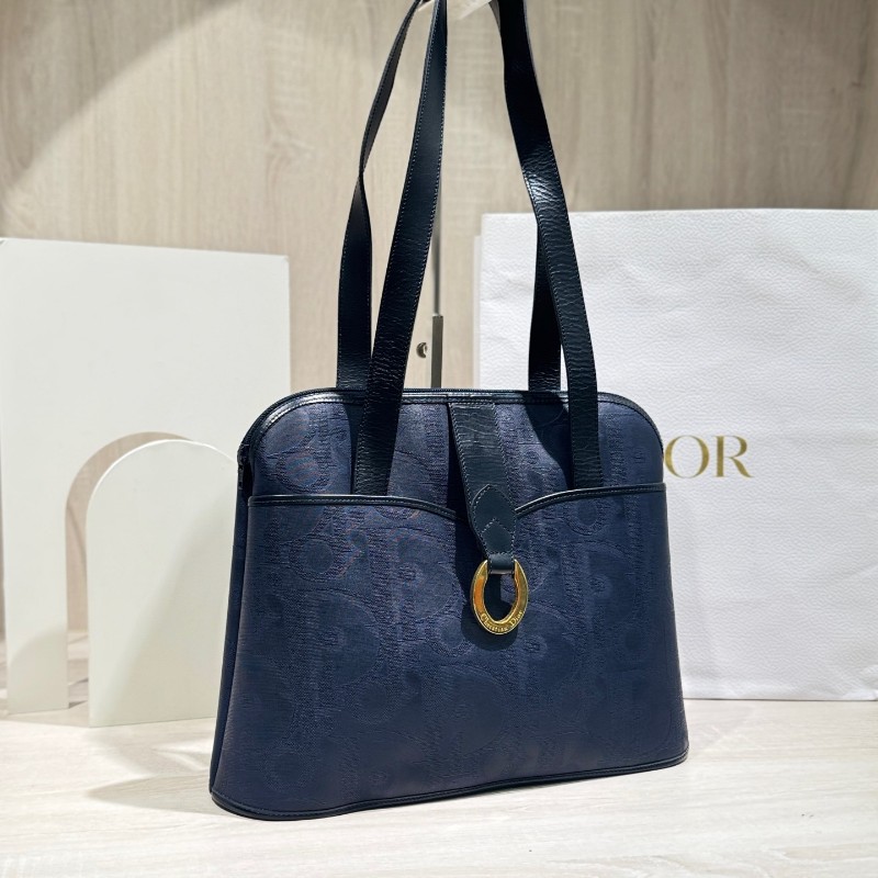 Dior迪奧藍色中古浮雕馬蹄扣肩背包手提包-2