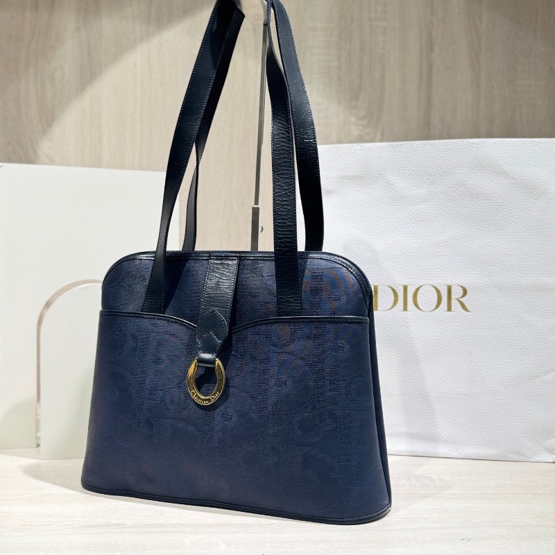 Dior迪奧藍色中古浮雕馬蹄扣肩背包手提包-3