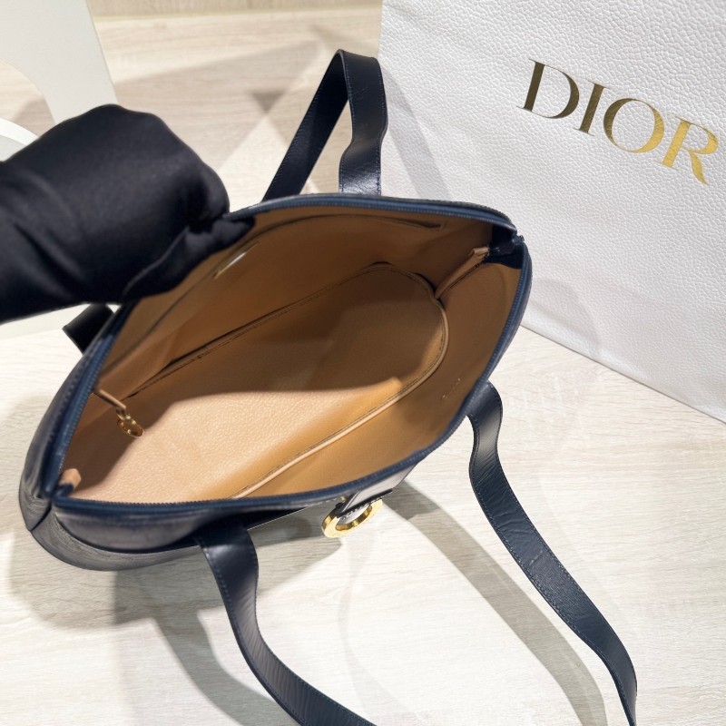 Dior迪奧藍色中古浮雕馬蹄扣肩背包手提包-5