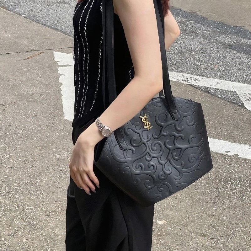 YSL聖羅蘭黑色壓紋單肩貝殼包 子母包-0