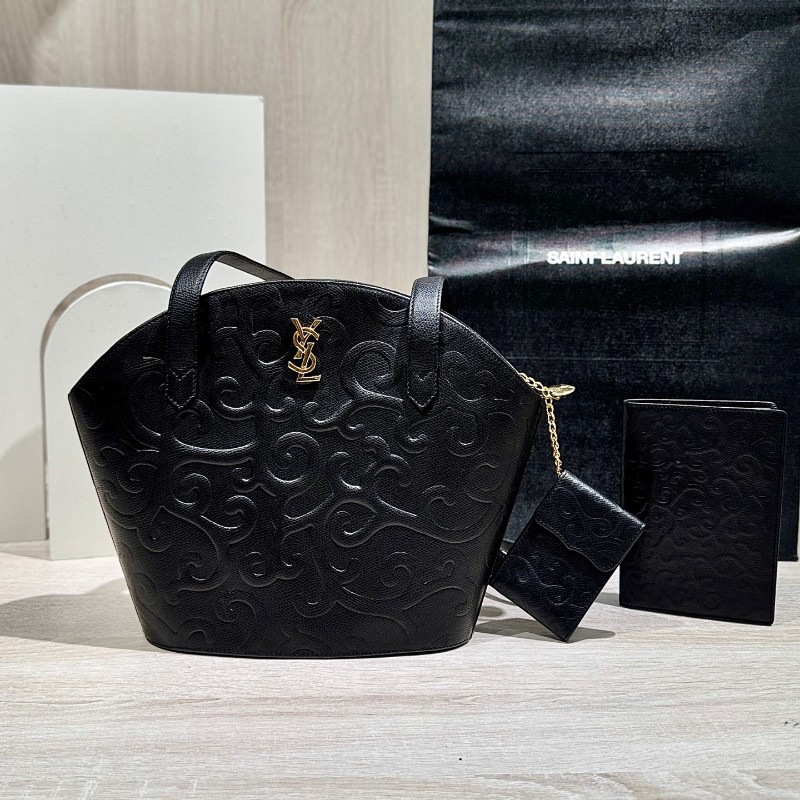 YSL聖羅蘭黑色壓紋單肩貝殼包 子母包-1