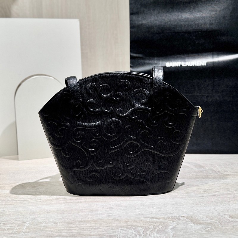 YSL聖羅蘭黑色壓紋單肩貝殼包 子母包-2