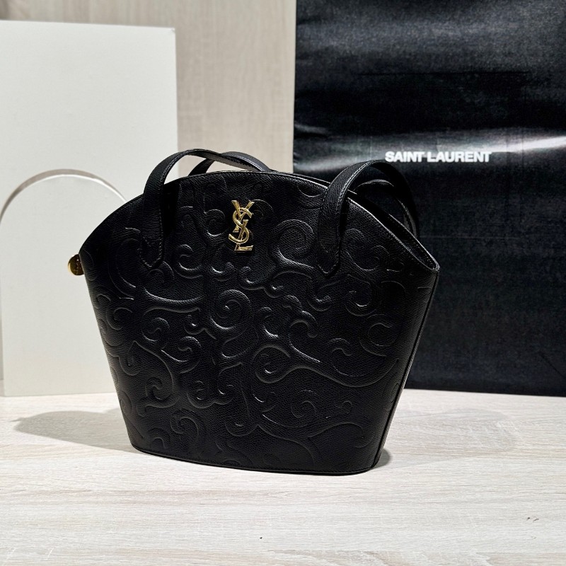 YSL聖羅蘭黑色壓紋單肩貝殼包 子母包-4