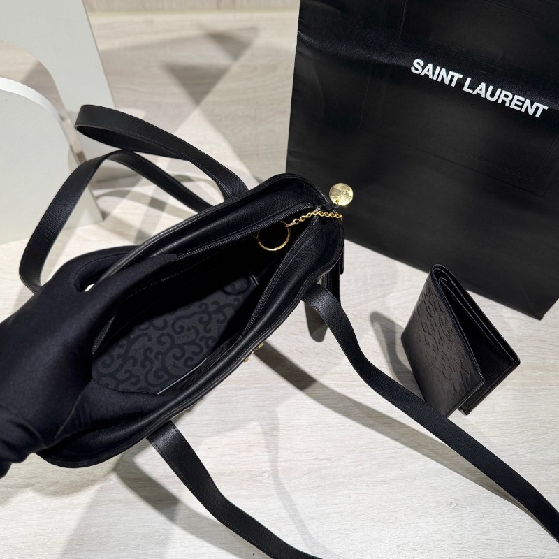 YSL聖羅蘭黑色壓紋單肩貝殼包 子母包-6