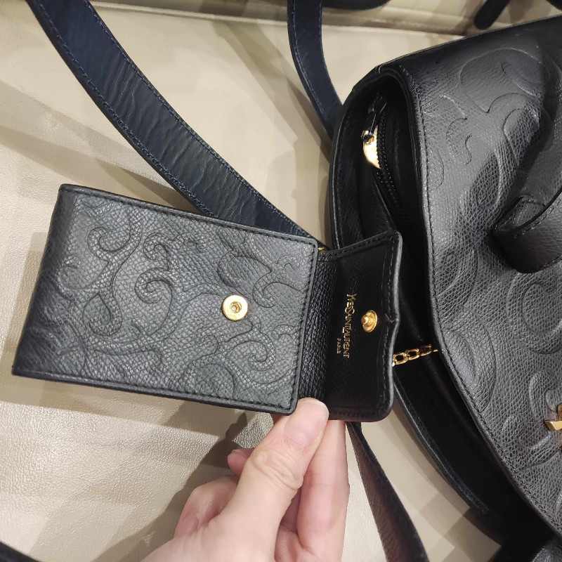 YSL聖羅蘭黑色壓紋單肩貝殼包 子母包-10