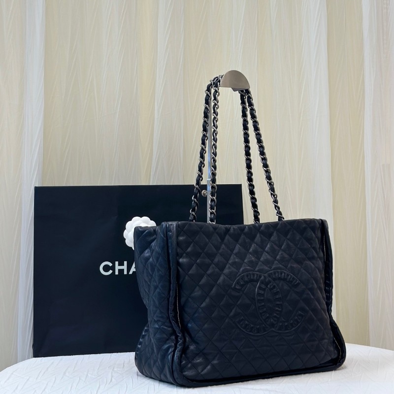 CHANEL香奈兒 黑色銀鏈牛皮菱格雙C托特包肩背包-5