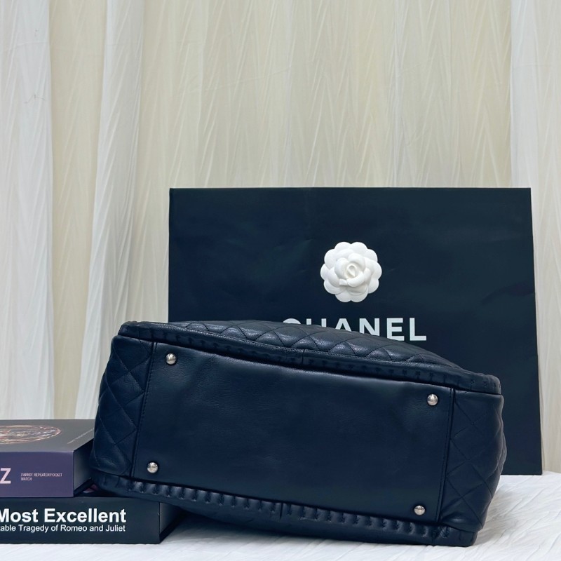 CHANEL香奈兒 黑色銀鏈牛皮菱格雙C托特包肩背包-6
