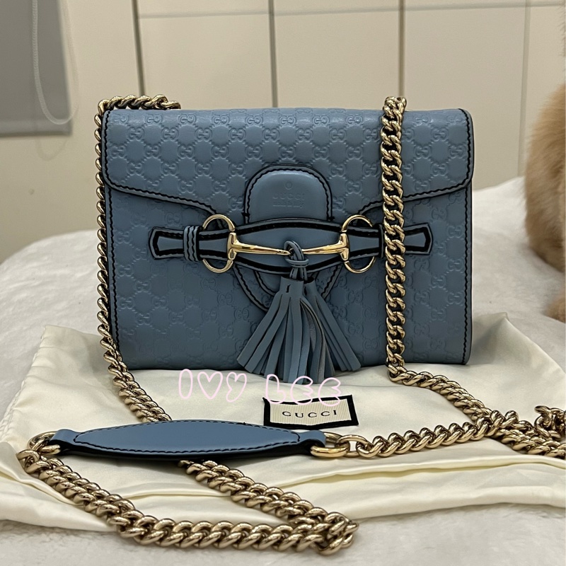 GUCCI 449636 Guccissima mini 牛皮 金鍊包 斜背包 肩背包 水藍 二手精品-0