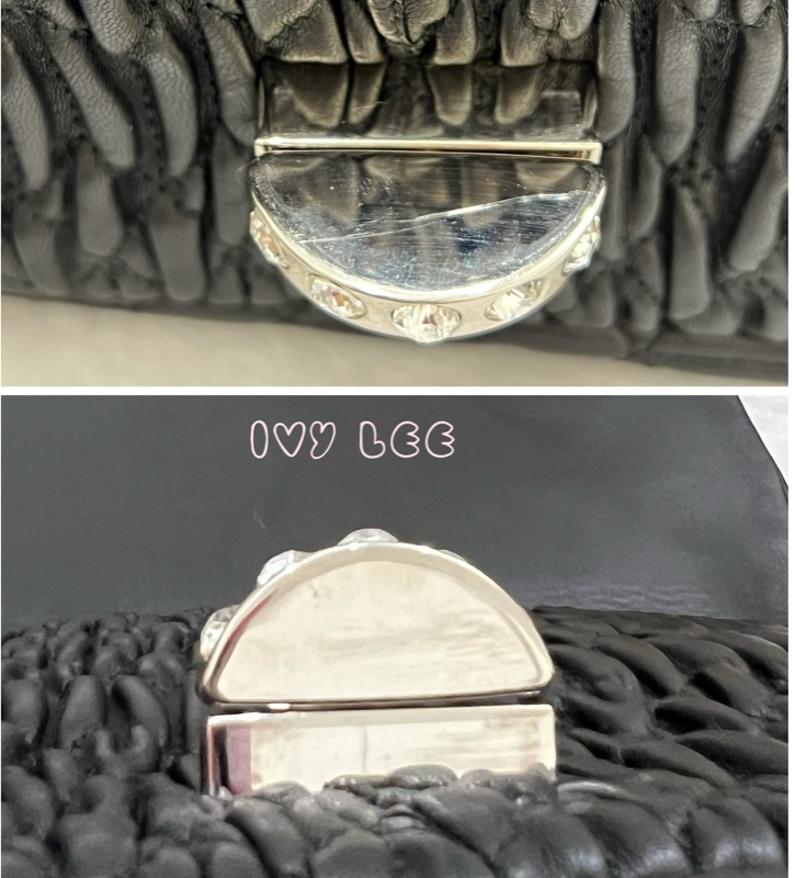 Miu Miu 黑色 Matelasse 皮革抓皺 水晶 雙背帶 單肩包 正品 二手精品-13