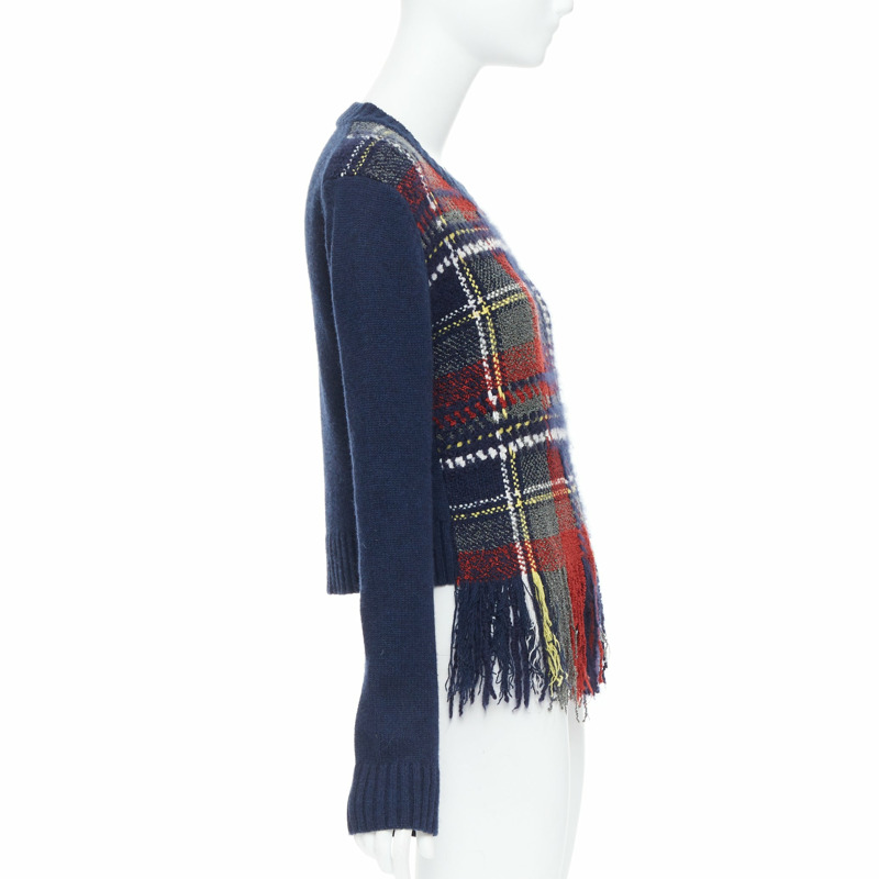DIOR navy red plaid tartan cashmere silk fringe hem sweater FR36 S-3