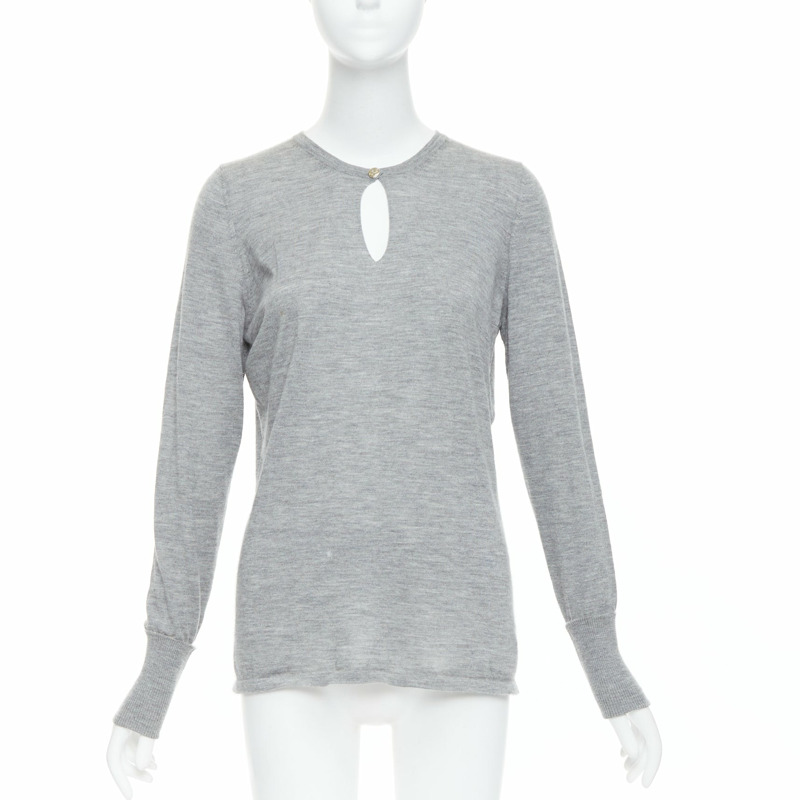 CHANEL 100% cashmere grey Camellia CC button keyhole sweater FR44 XXL-0