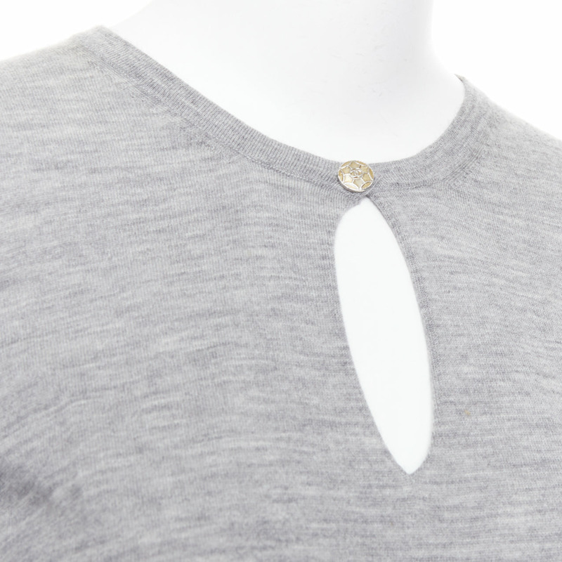 CHANEL 100% cashmere grey Camellia CC button keyhole sweater FR44 XXL-1