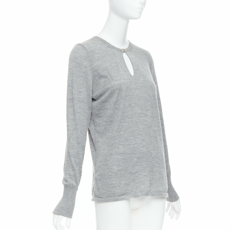 CHANEL 100% cashmere grey Camellia CC button keyhole sweater FR44 XXL-2