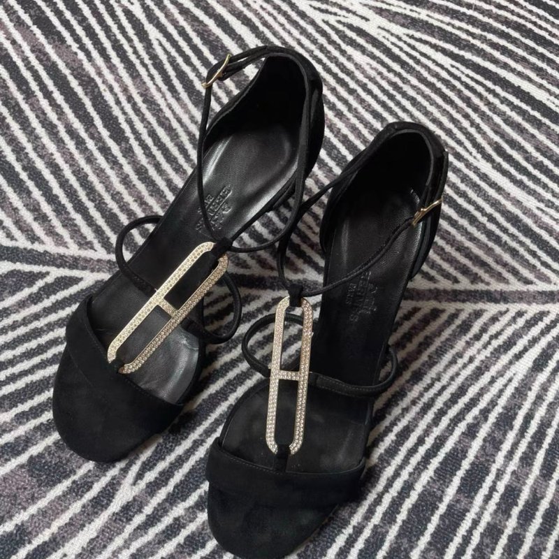 hermès 猪鼻子水鑽款絲絨高跟鞋凉鞋 35.5號，穿兩次閒置 輕微穿著痕跡-0