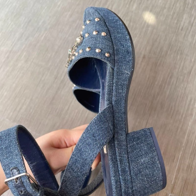 MiuMiu 牛仔水鑽粗跟涼鞋 36.5號,36號也可,全新僅試穿-3