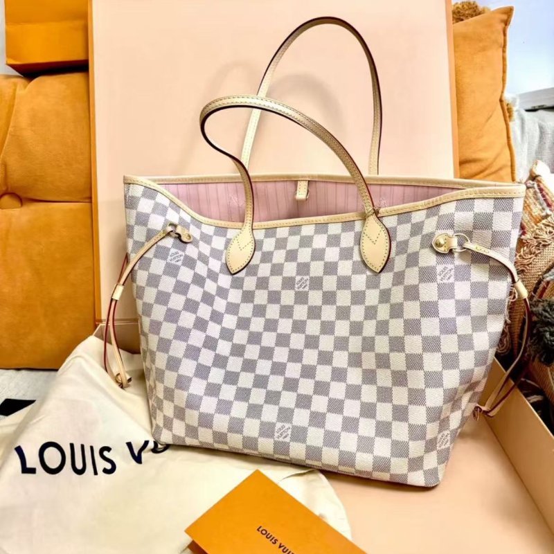 Lv 全新新款 neverfull 白色棋格盤 櫻花粉內里中號 配件盒子塵袋購證-0