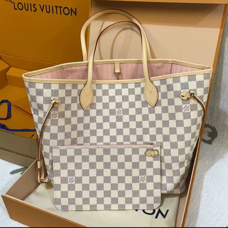 Lv 全新新款 neverfull 白色棋格盤 櫻花粉內里中號 配件盒子塵袋購證-2