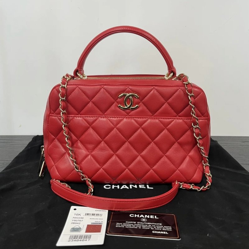 CHANEL16K紅金保齡球手提肩背斜背包 26*14*14 99新配件塵袋保卡-0