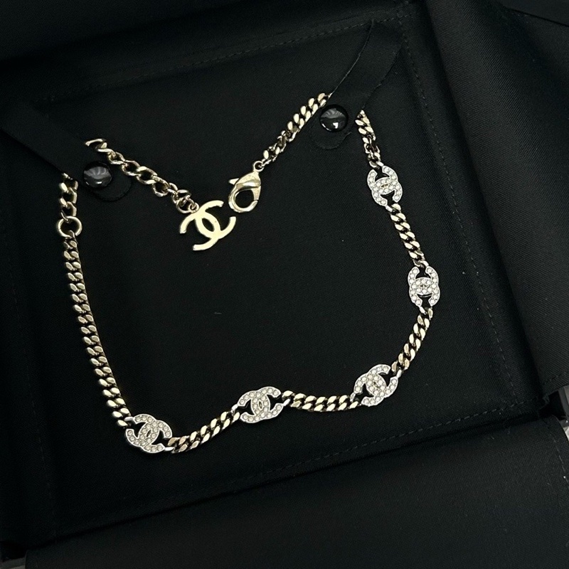 Chanel 香奈兒 淡金鏈條搭配銀色水鑽雙C 鏈長約38cm~-0