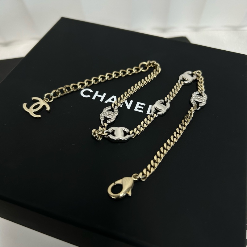 Chanel 香奈兒 淡金鏈條搭配銀色水鑽雙C 鏈長約38cm~-5