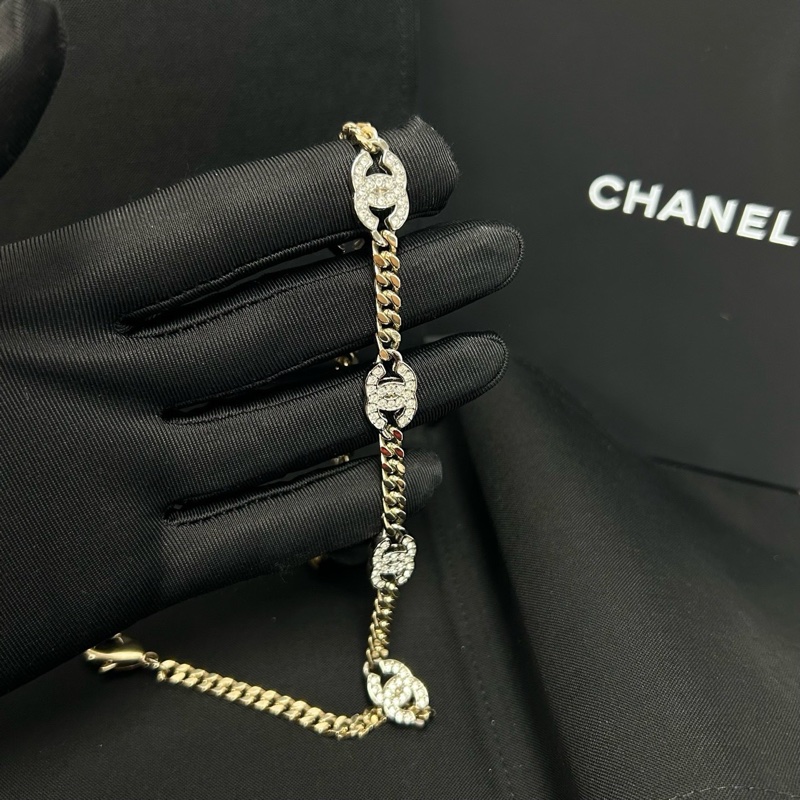 Chanel 香奈兒 淡金鏈條搭配銀色水鑽雙C 鏈長約38cm~-7
