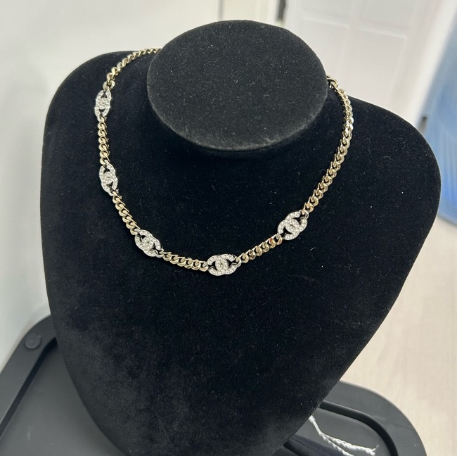 Chanel 香奈兒 淡金鏈條搭配銀色水鑽雙C 鏈長約38cm~-8