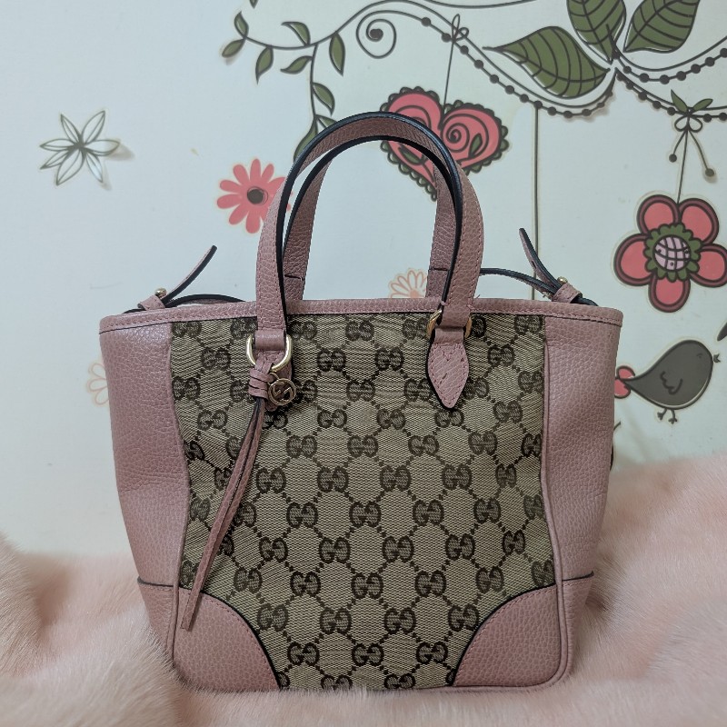 GUCCI 古馳 經典雙G緹花布真皮 側背肩背斜背 手提包 (粉)-1