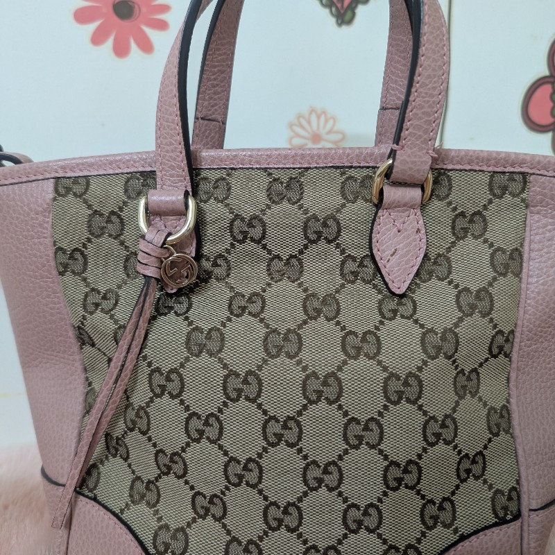 GUCCI 古馳 經典雙G緹花布真皮 側背肩背斜背 手提包 (粉)-6