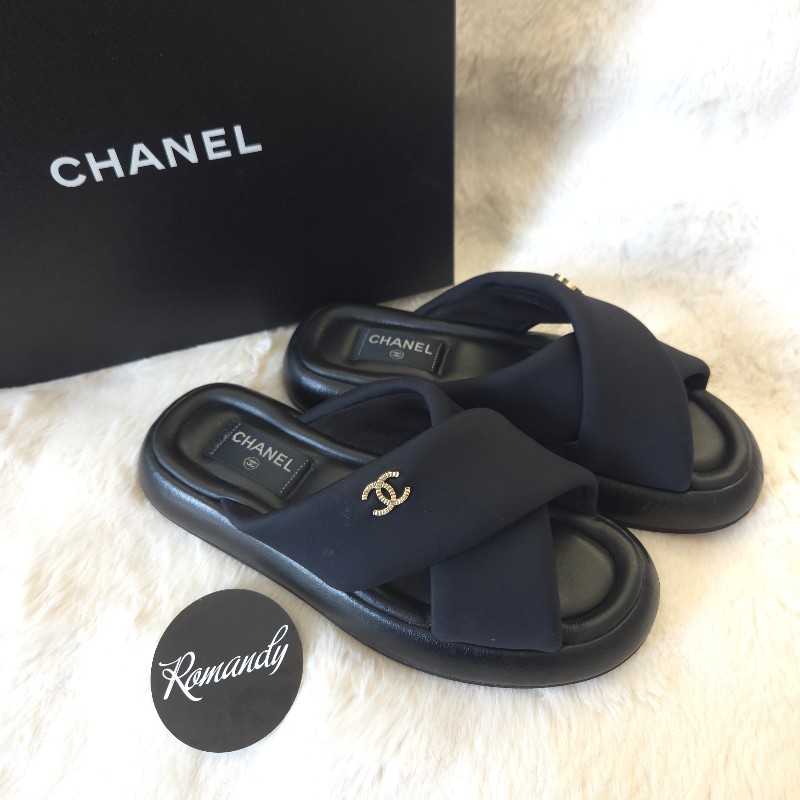 Chanel 交叉厚底拖鞋 黑金 38 二手-0