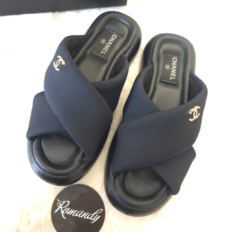 Chanel 交叉厚底拖鞋 黑金 38 二手-1