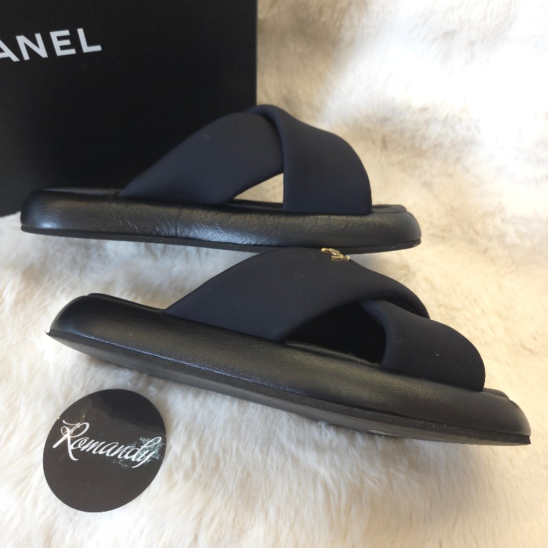 Chanel 交叉厚底拖鞋 黑金 38 二手-2