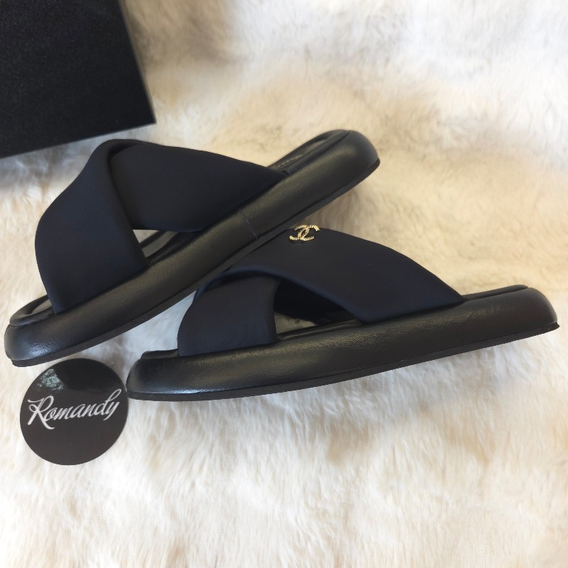 Chanel 交叉厚底拖鞋 黑金 38 二手-3