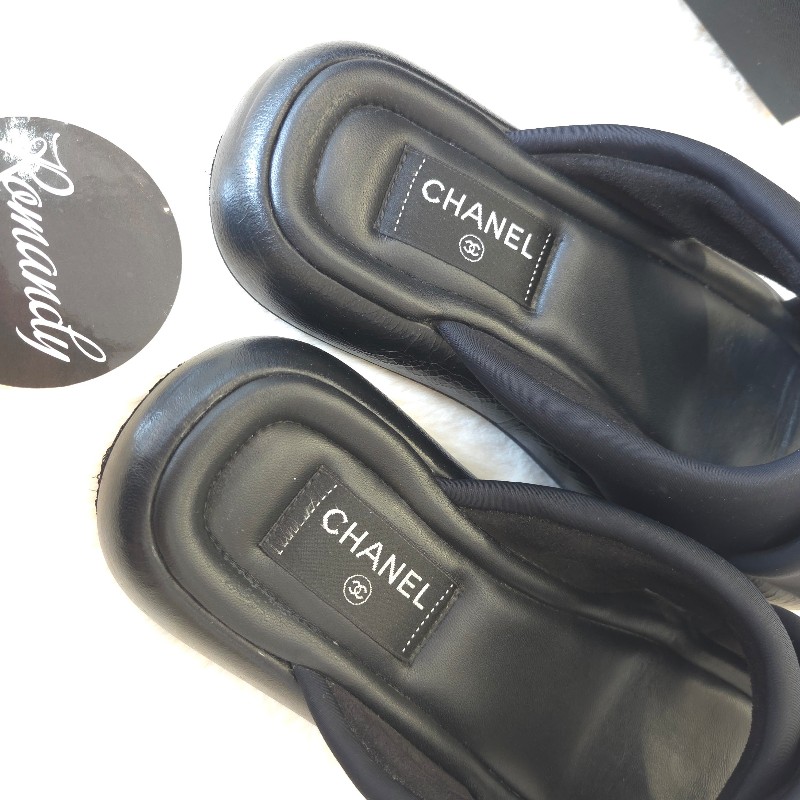 Chanel 交叉厚底拖鞋 黑金 38 二手-4