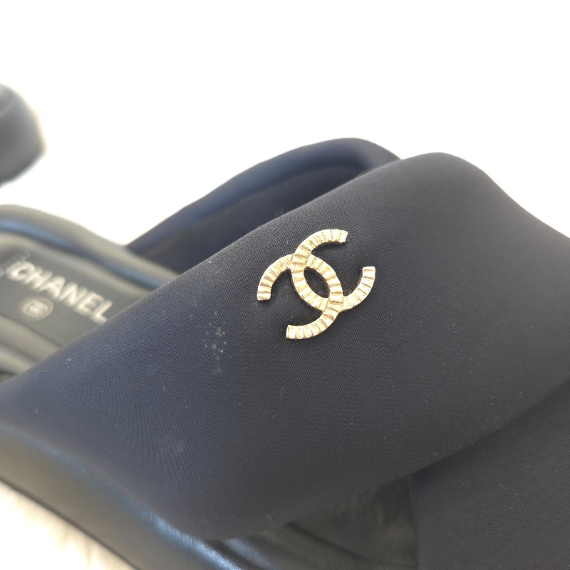 Chanel 交叉厚底拖鞋 黑金 38 二手-6