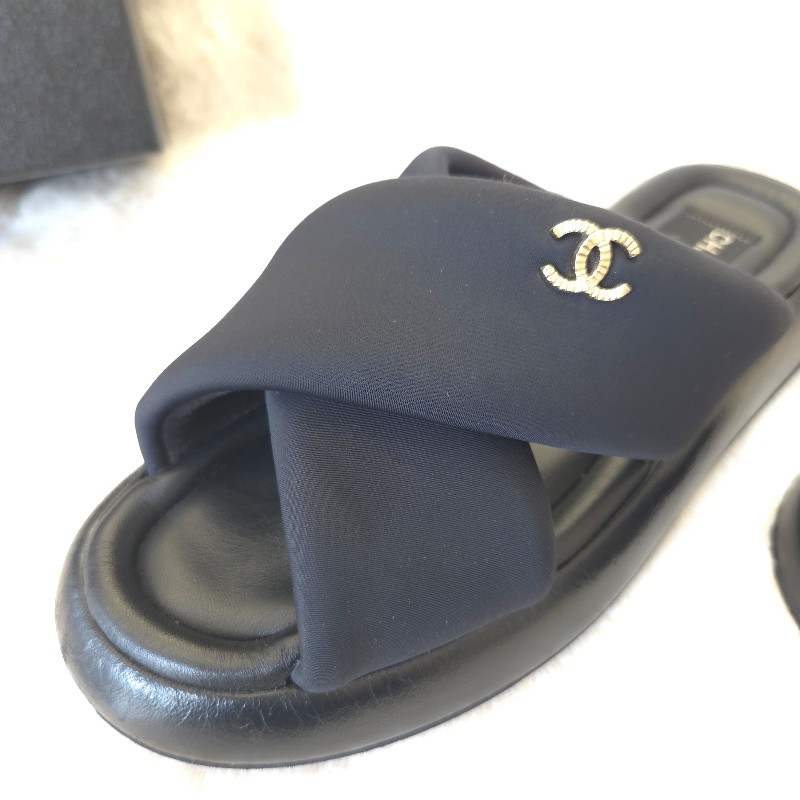 Chanel 交叉厚底拖鞋 黑金 38 二手-7