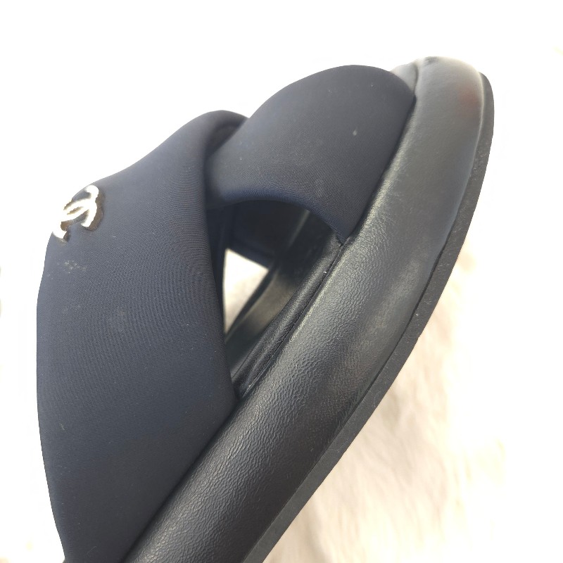 Chanel 交叉厚底拖鞋 黑金 38 二手-16