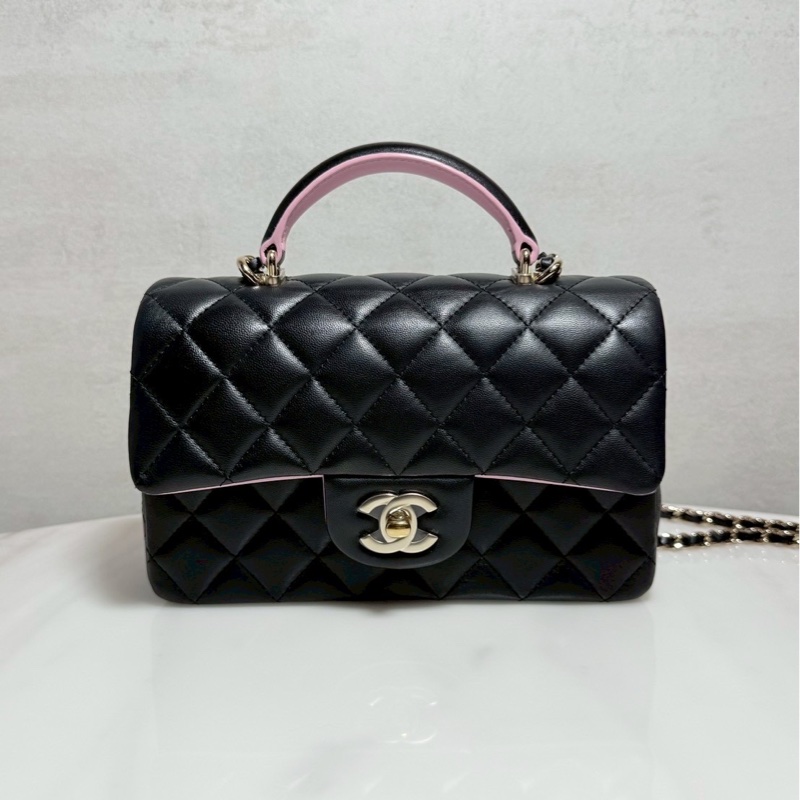 Chanel CF20 Mini Handle 20黑拼粉 晶片款 99新全配-0