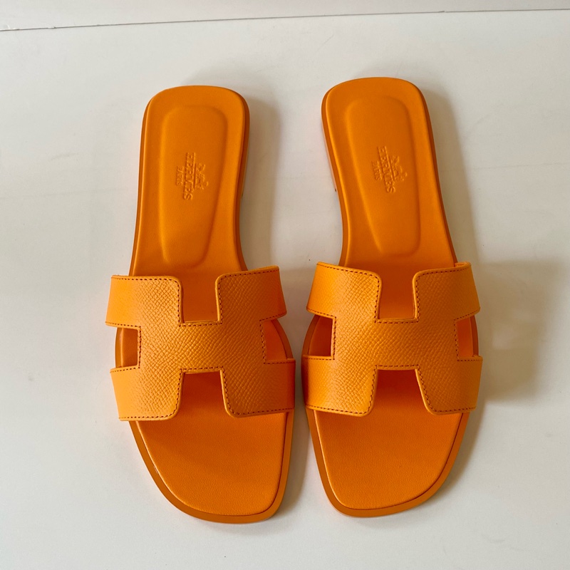 HERMES 經典H 橙色日落 EP皮革 涼鞋 拖鞋 38號-0