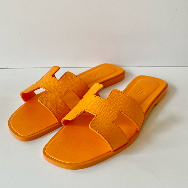 HERMES 經典H 橙色日落 EP皮革 涼鞋 拖鞋 38號-1