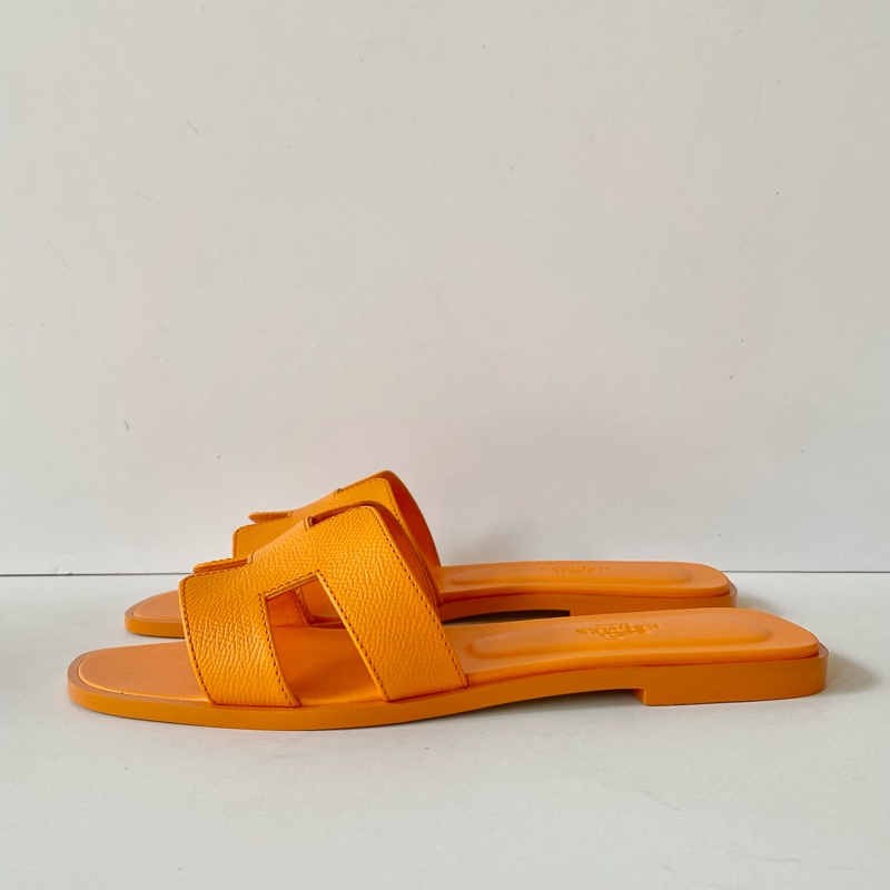 HERMES 經典H 橙色日落 EP皮革 涼鞋 拖鞋 38號-2