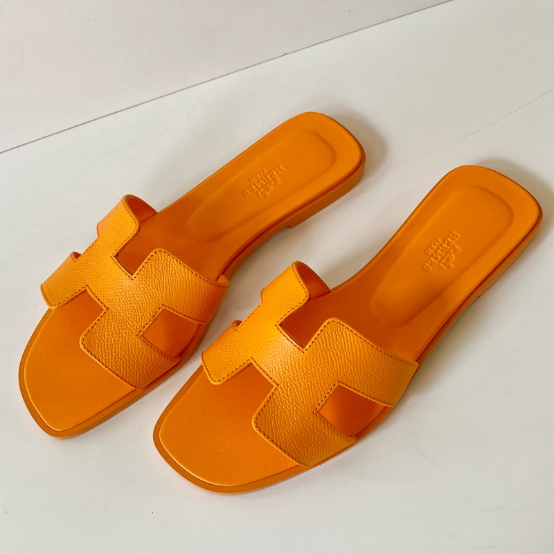 HERMES 經典H 橙色日落 EP皮革 涼鞋 拖鞋 38號-3