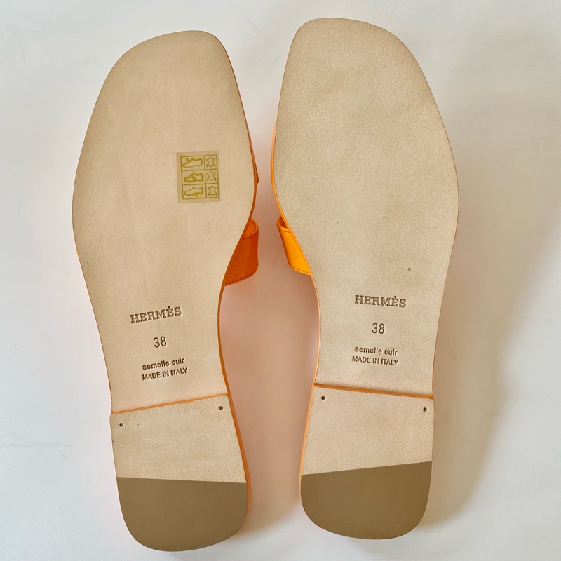 HERMES 經典H 橙色日落 EP皮革 涼鞋 拖鞋 38號-5