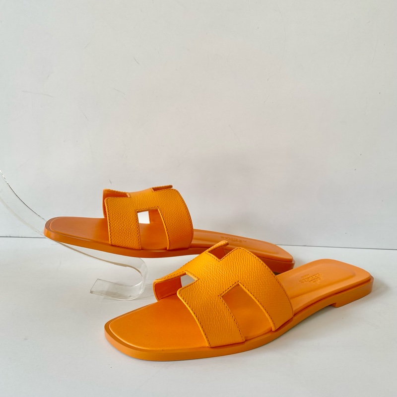HERMES 經典H 橙色日落 EP皮革 涼鞋 拖鞋 38號-6