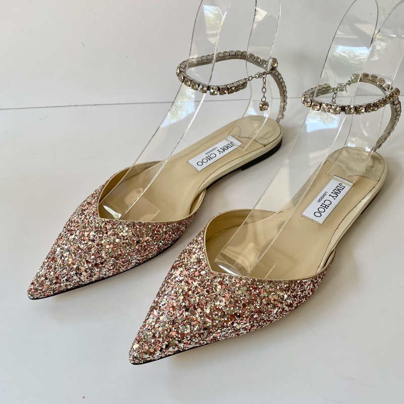 Jimmy choo 施華洛世奇水鑽亮片 40號 尖頭 踝鍊 涼鞋-1